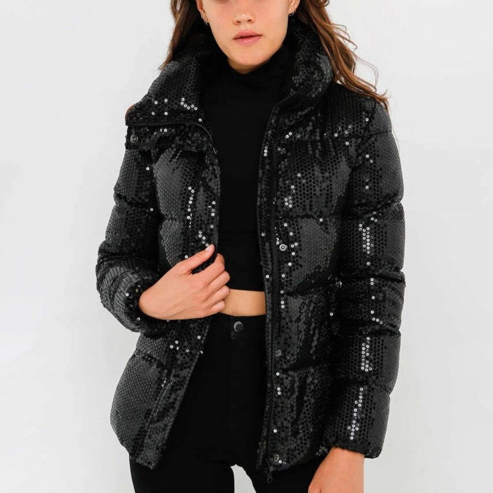 NWT Unreal Fur Black Sequin Puffer Jacket Front Zip High Collar Sz XS - Picture 8 of 16